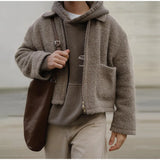 Male Cropped Woolen Coat Men's Solid Long Sleeve Lapel Zipper Pocket Jacket Autumn Winter Thicken Warm Woollen Jacket Street