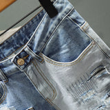 Slim Straight Jeans Shorts Men Personality Multi Pocket Mixed Color Stitching Patch Ripped Hole Denim Shorts Male Streetwear