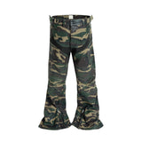 FOESCE Camouflage Coated Micro Flared Motorcycle Pants for Men Patchwork Baggy Jeans Ankle Zipper Boot Cut Oversized Denim Cargos