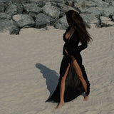 FOESCE Irregular Ruffles Dress Women's Chic V Neck Long Sleeve Lace Up Beach Dress Summer 2025 Fashion Lady Vacation Cover Up
