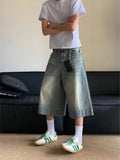 FOESCE Women Washed Blue Jeans Shorts Vintage Y2k Long Jorts Baggy Harajuku High Waist Korean Streetwear Wide Leg Denim Shorts