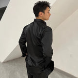 FOESCE Satin Latin Dance Shirts For Men Long Sleeves Practice Dance Clothes White/Black/Navy/Brown/Green Ballroom Dance Tops DNV17466