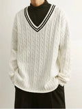 Dark Icon Color Contrast V-neck Pullover Men's Sweater Autumn Korean Style Knitwear Sweater for Men White