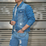 New Fashion Streetwear Men Ripped Slim Denim Jacket Male High quality Distressed Solid Motorcycle Casual Jean Jacket Coat
