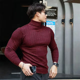 FOESCE New Men's Turtleneck Sweaters Autumn Knitted Striped Streetwear Warm Long Sleeved Pullover Solid Color Basic Style Casual Tops