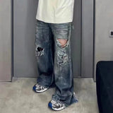 FOESCE Frayed Damaged Hole Baggy Wide Leg Jeans for Men and Women Streetwear Casual Ropa Hombre Denim Trousers Oversized Cargo Pants