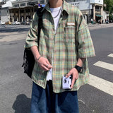 FOESCE Summer Y2K Vintage Short Sleeve Shirt For Men Loose Appliques Polos Lapel Plaid Tee Shirts 2025 New High Street Pocket Blouse