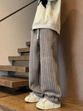 FOESCE 2025 New Men's Striped Woolen Straight Leg Trousers Classic Y2K Vintage Baggy Pants Casual High Street Fashion Gym Sweatpants