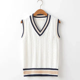 Sweater Vest Men Thicken V-neck Sleeveless Knitted Sweaters Vests Striped Retro Preppy-style Simple Chic Loose Casual All-match
