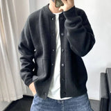 FOESCE Man Clothes Round Collar Plain Knitted Sweaters for Men Crewneck Solid Color Cardigan Green Black Japanese Harajuku Fashion Neck