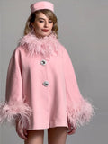 FOESCE Elegant Feather Collar Cape Coats For Women Casual Solid Single Breasted Jackets Lady Autumn Chic Loose High Street Outwear Tops
