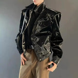 FOESCE Mens Y2k Glossy Shoulder Pad Jacket 2025 New Genderless Fashion Personality Metal Functional Style Solid Color Jacket Unisex
