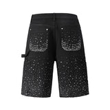 FOESCE Streetwear Full Rhinestone Print Baggy Jeans Shorts for Men Ripped Hole Washed Short Casual Loose Denim Five Point Pants