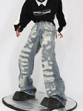 Hip Hop Ripped Jeans Men High Street Male Distressed Denim Wide Leg Pants Casual Trousers Vintage Streetwear Loose