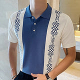 Summer Clothing Men's Leisure Luxury Knitted Graphic Short Sleeve Polo Shirt Retro Patchwork Lapel Button-down Fashion Knitwear