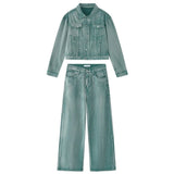 FOESCE American High Street Long-Sleeved Trousers Denim Suit For Men 2025 Autumn New Retro Distressed Solid Casual Loose Two-Piece Set