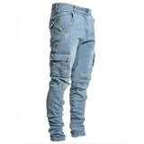 FOESCE Men Street Elastic Denim Jeans Wash Solid Color Multi Pockets Cargo Pants Casual Slim Fit Daily Wear Joggers Mid Waist Trousers
