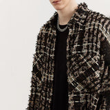 FOESCE Mens Autumn Gold Thread Tweed Braided French Coat Genderless Tassel  Retro Casual Loose Fashion Trend Jacket Unisex