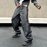 FOESCE New trendy loose straight tube nostalgic black chalcedony leather pants