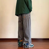 New Men's Y2K Flower Printed Baggy Jeans Streetwear American Casual Denim Wide-leg Pants Hombre Vintage Straight Trousers