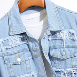 Men's Fashion Ripped Jeans Jacket With Patchwork High Street Patched Hip Hop Denim Coat Slim Fit Outerwear For Male