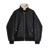 FOESCE Lambswool Pu Leather Short Cotton Coat Mens Winter Fashion Lapel Warm Cotton Coat Korean Style Trendy High-End Leather Jacket