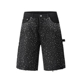 FOESCE Streetwear Full Rhinestone Print Baggy Jeans Shorts for Men Ripped Hole Washed Short Casual Loose Denim Five Point Pants