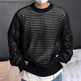 Fashion Youth Pullover Hollow Out Sweater Spring and Autumn New Streetwear Mens Tops Long Sleeve Mesh Knit Shirt