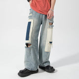 FOESCE 2025 Men's Hole Casual Jean Beggar Pants High Street wear Spliced Jeans Summer Trendy Worn Out Wide Leg Denim Pants streetwear