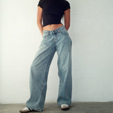 FOESCE 2025 New Retro Y2K Jeans Fashion Women Autumn High Waist Pocket Stacked Wide Leg Pant Casual Baggy Streetwear Commute Denim Pant