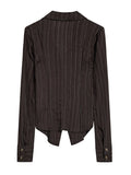 FOESCE Autumn Winter Women French Fashion Old Money Long Sleeve Striped Design Shirts With Scarf 2000s Aesthetic Blouses Elegant Korean