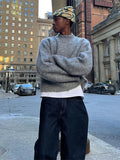 Men's Ribbed Semi High Neck Loose Knitted Sweater Autumn Winter Fashion New Casual High Street Solid Color Long Sleeved Pullover