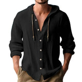 FOESCE Summer Men's Linen Shirt Solid Streetwear Long Sleeve Hoodie Cardigan Clothing For Men Button Tops Casual Loose Men Hooded Shirt