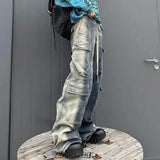FOESCE Men Multi-pockets Pants Gradient Ribbons Drawstring Jeans Baggy Oversized Cargo Trousers Fashion Streetwear Loose