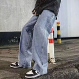 FOESCE 2025New Streetwear Loose Jeans Men Korean Style Fashion Loose Straight Wide Leg Pants Men's Brand Clothing Black Light Blue
