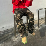 FOESCE Camouflage Coated Micro Flared Motorcycle Pants for Men Patchwork Baggy Jeans Ankle Zipper Boot Cut Oversized Denim Cargos