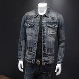 FOESCE New men's denim jacket fashion casual lapel handsome motorcycle jacket high street retro trend loose denim top men's clothing