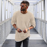 FOESCE Fashion Mens Tops Long Sleeved Round Necked Sweaters Autumn and Winter Solid Color Casual Mens Sweaters