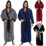 FOESCE Men Nightgown Hooded Long Sleeve Color-Blocked Thickened Plush Robe Lace-up Belt Long Style Thermal Insulation Loungewear