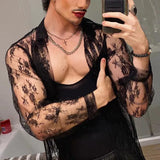 New Spring Summer Fashion Men Long Sleeve Shirts Nightclub Perspective Mesh Cardigan Lace Print Tops Sexy Shirt Streetwear
