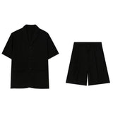FOESCE Men  Casual Suit Trendy New Neutral Solid Blazer Collar Shirts LGBT Design Short-sleeved Blouse Shorts Two-piece Set