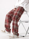 FOESCE New Men's Y2K Plaid Casual Baggy Trousers Autumn Korean Fashion Straight Woolen Pants Y2K Vintage Streetwear Pantalones Hombre