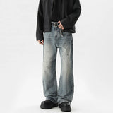 FOESCE Summer Men's Denim Pants Old Blue Washed Male Jeans Straight fleck Casual Menwear Loose Wide Leg Trousers 2025 New Fashion