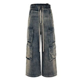 FOESCE Men Multi-pockets Pants Gradient Ribbons Drawstring Jeans Baggy Oversized Cargo Trousers Fashion Streetwear Loose