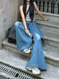 FOESCE Slightly fat Spice Girl design sense irregular splicing jeans women 2025 autumn and winter new fake two-piece thin flared pants
