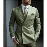 FOESCE Solid 2 Pieces Men Suits Set Fashion New Men's Formal Business/Wedding Groom Suits Peak Lapel Double Breasted Blazer Trousers