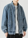 FOESCE Stand Collar Denim Jacket Men Casual Autumn Zip Closure Jacket Coat Loose Baggy Blue Retro Jacket Man Fashion Clothing