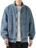 FOESCE Stand Collar Denim Jacket Men Casual Autumn Zip Closure Jacket Coat Loose Baggy Blue Retro Jacket Man Fashion Clothing