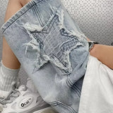 FOESCE Star Patchwork Yellow Clay Color Jeans Summer Men Denim Shorts Trendy Streetwear Five-point Pants Straight Jeans Shorts