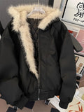 FOESCE Street Fashion Vintage Old Pu Hooded Cotton-padded Jacket Men Y2K Harajuku Hip-hop Popular Casual Loose Plus Velvet Padded Coat